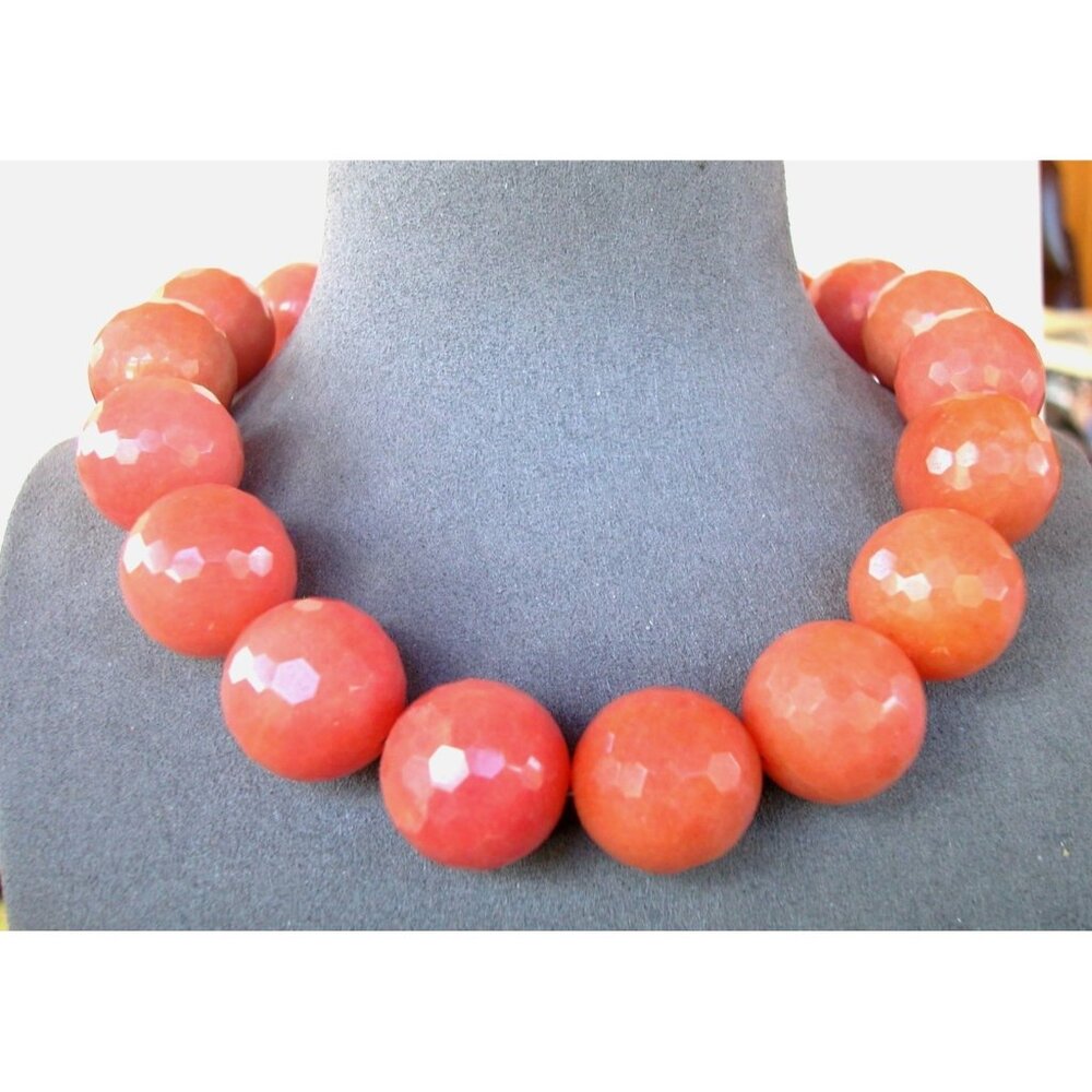 Faceted Red Agate Beaded Necklace / Rhinestone Clasp & Bee Charm 16"